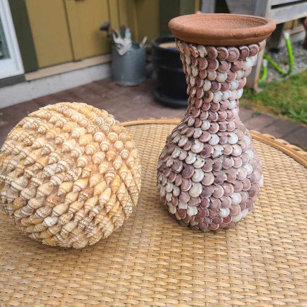 Terracotta Shell Vase Artist Signed  & Shell Ball Decor Lot